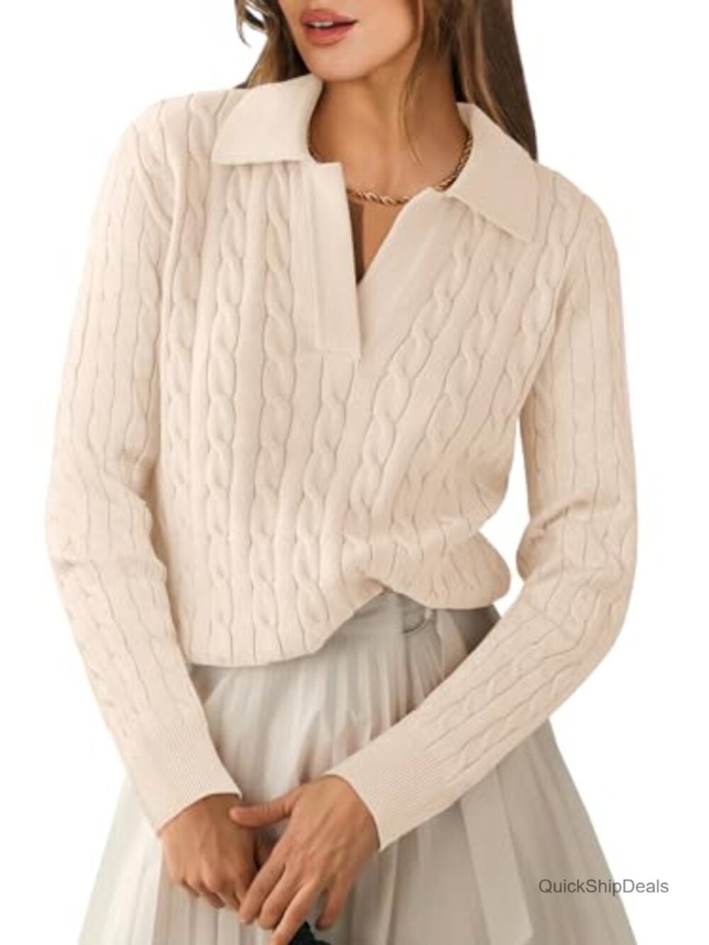 Cable Knit Sweater Long Sleeve Polo V-Neck Pullover